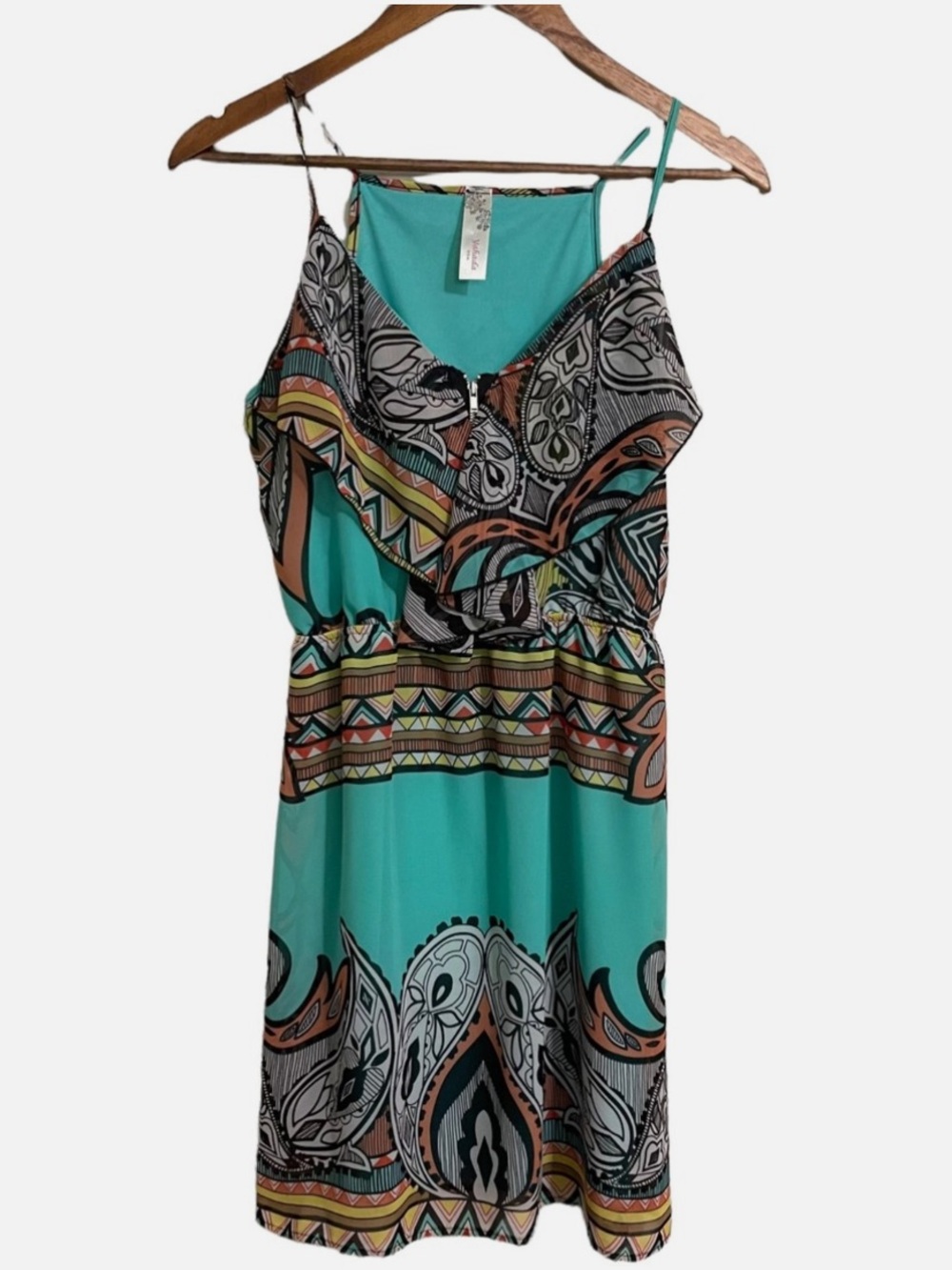 Women’s Turquoise Printed Spaghetti-Strap Zipper Front Mini Dress - Size Medium